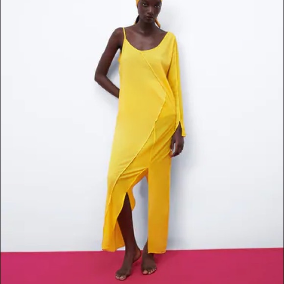 Zara ASYMMETRIC ONE SHOULDER GAUZE DRESS YELLOW NEW - Picture 4 of 10